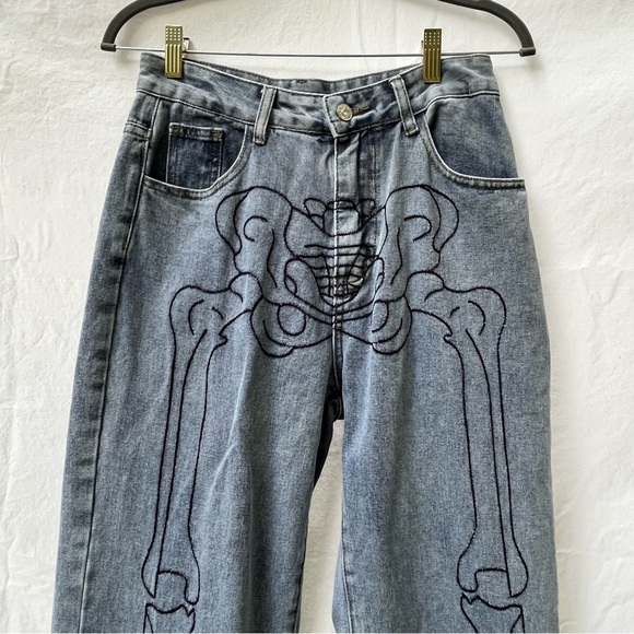 Romwe Skeleton Leg Jeans Wide Medium Size 6 Grunge Skull Emo Punk Goth X-ray - Picture 3 of 5